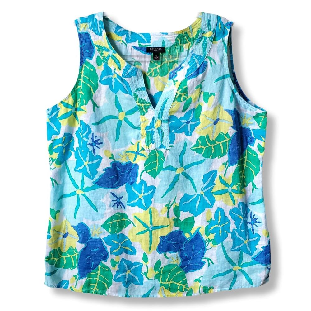 Talbots Women Blue Floral Linen Sleeveless Top Shirt MP Classic Casual Career